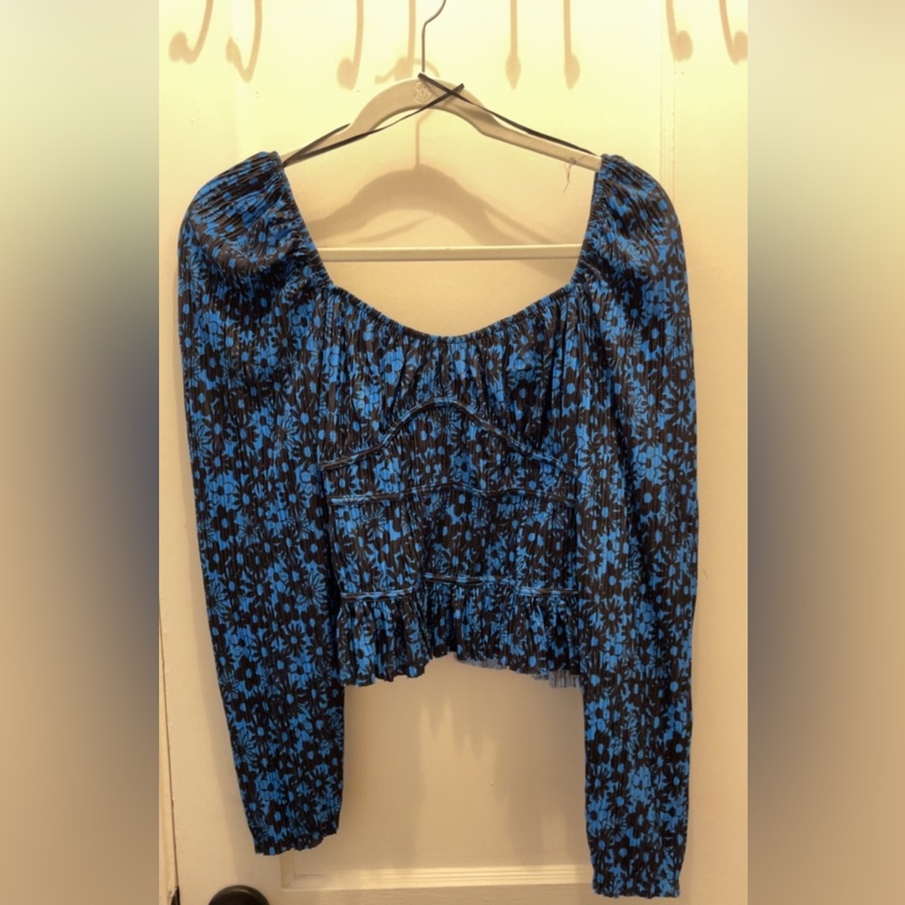 Zara Ruffle Rouge Blue and black Floral Puffy Long Sleeve Top, size L